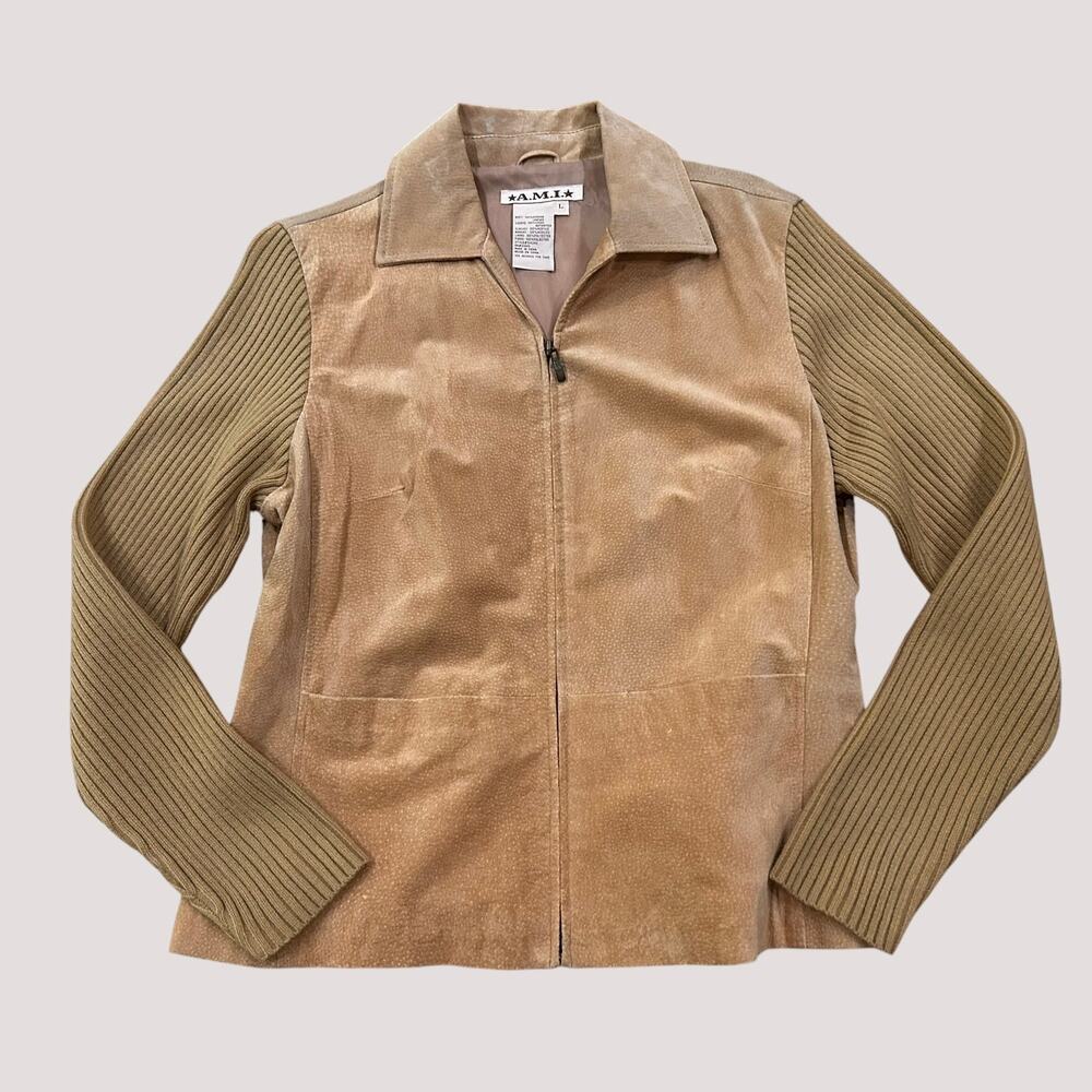 Y2K Tan Leather Ribbed Knit Sleeve Zip Front Jacket Womens L Collared Pockets -